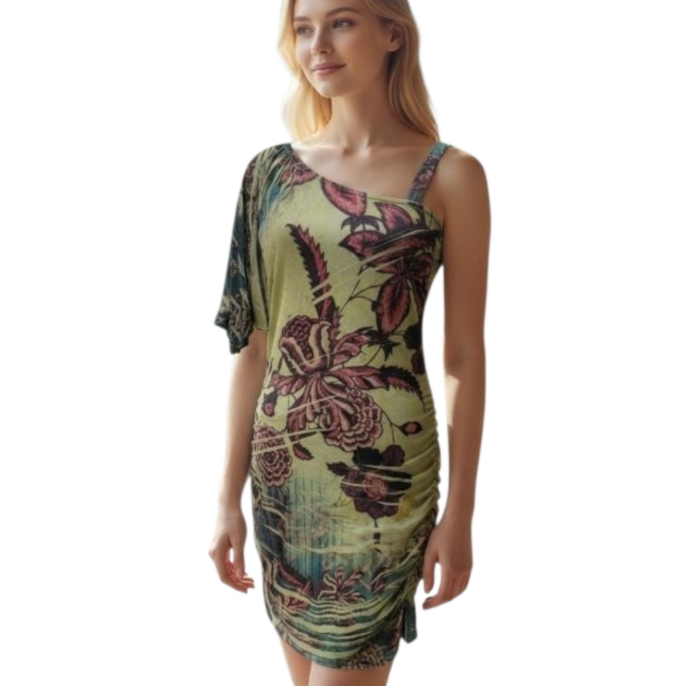 Le CHATEAU L Floral One-Shoulder Bodycon Dress - Green and Brown P2P 18 L 34